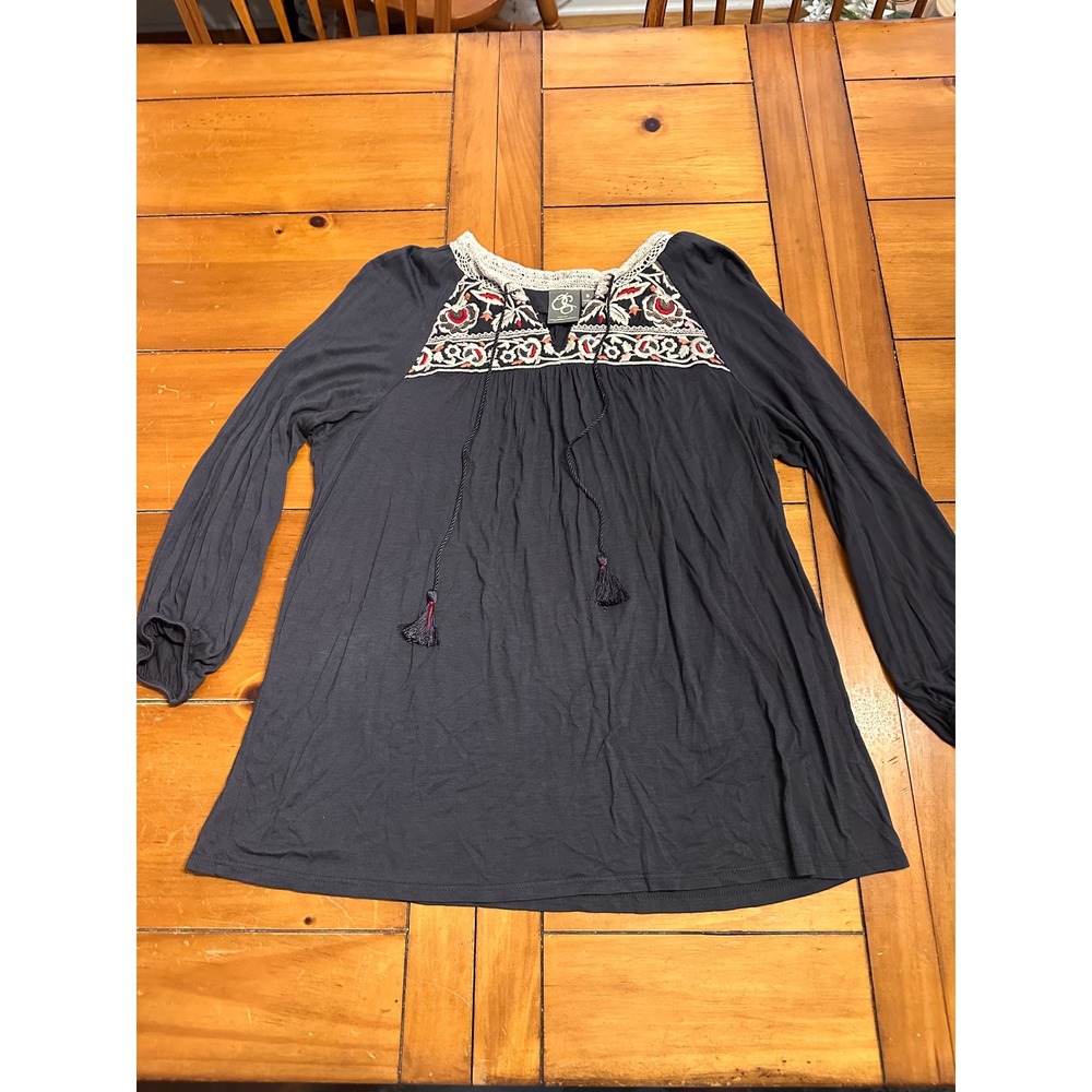 One September Anthropologie Gray Embroidered Sequin Tassel Peasant Blouse Small - Picture 2 of 10